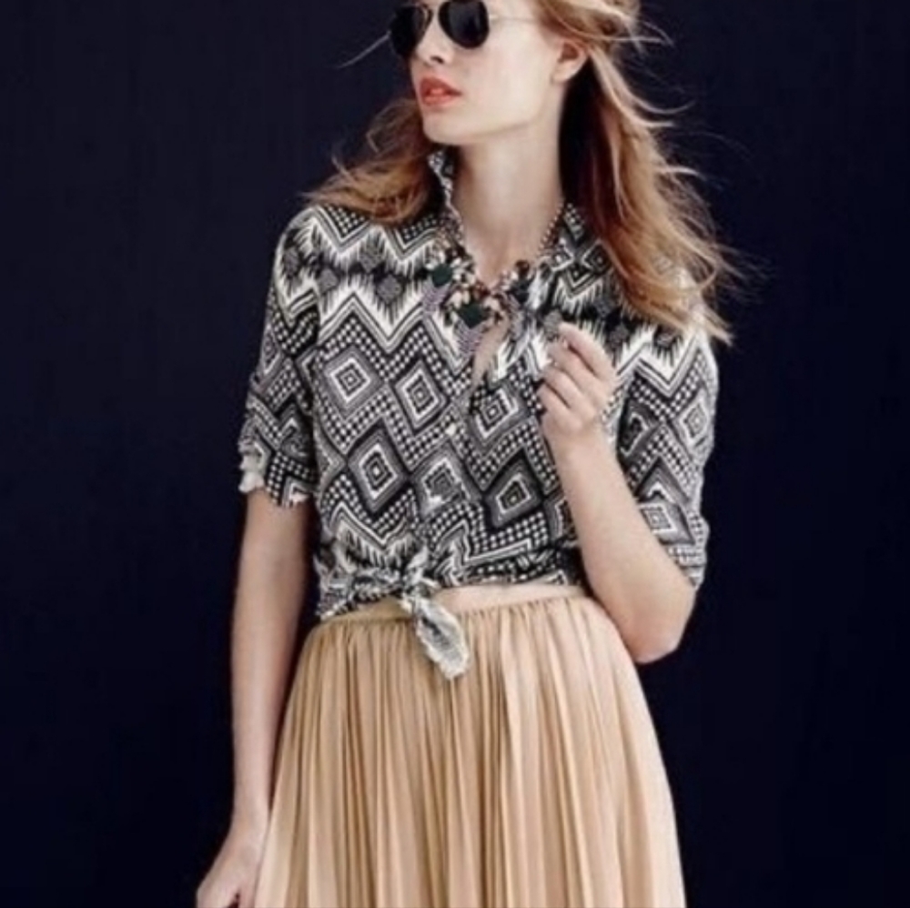 NWT J.crew Linen "boy" Button Up Shirt Aztec Diamonds Ikat | Black & white sz 2